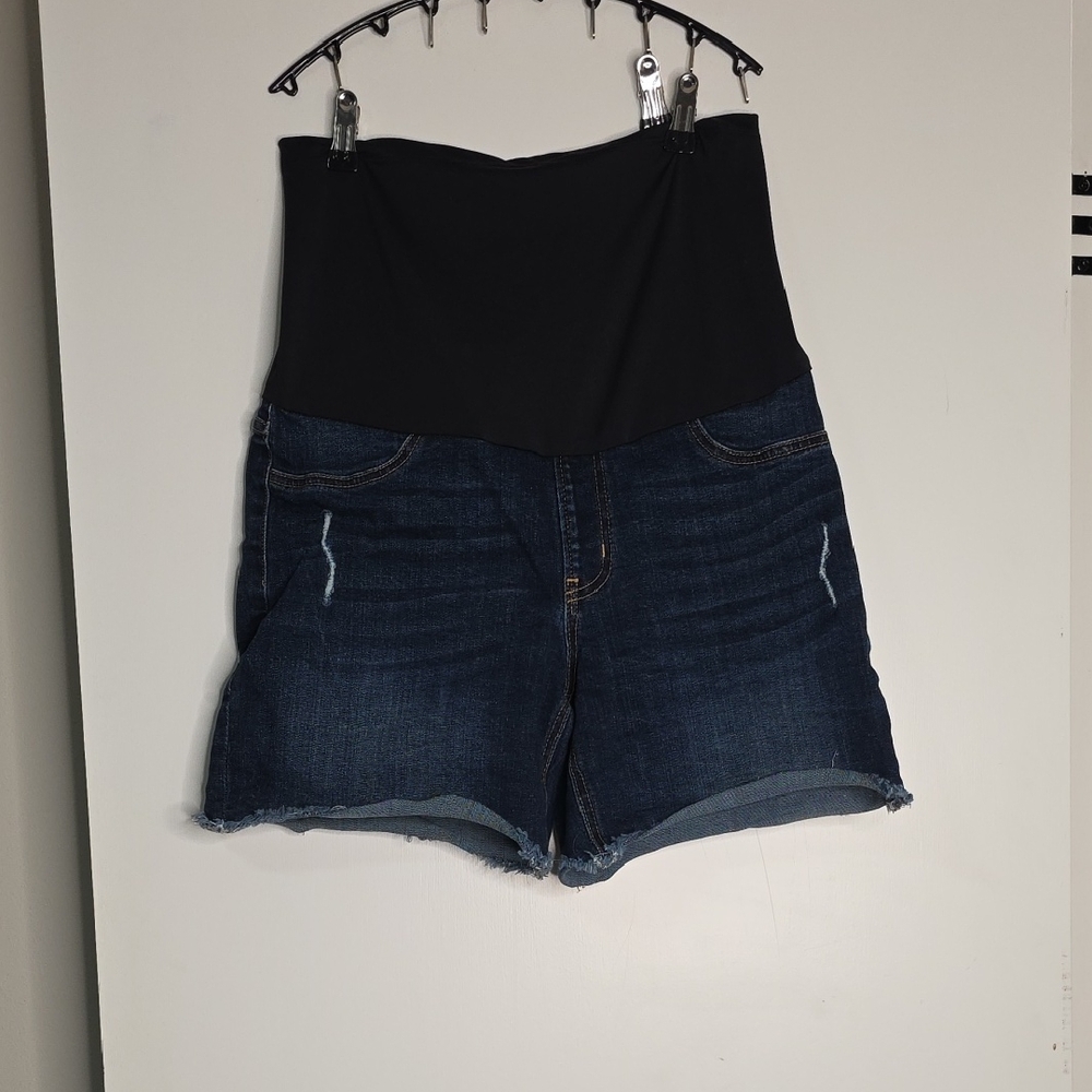 Just Black Dark Blue Denim Maternity Shorts with Black Panel